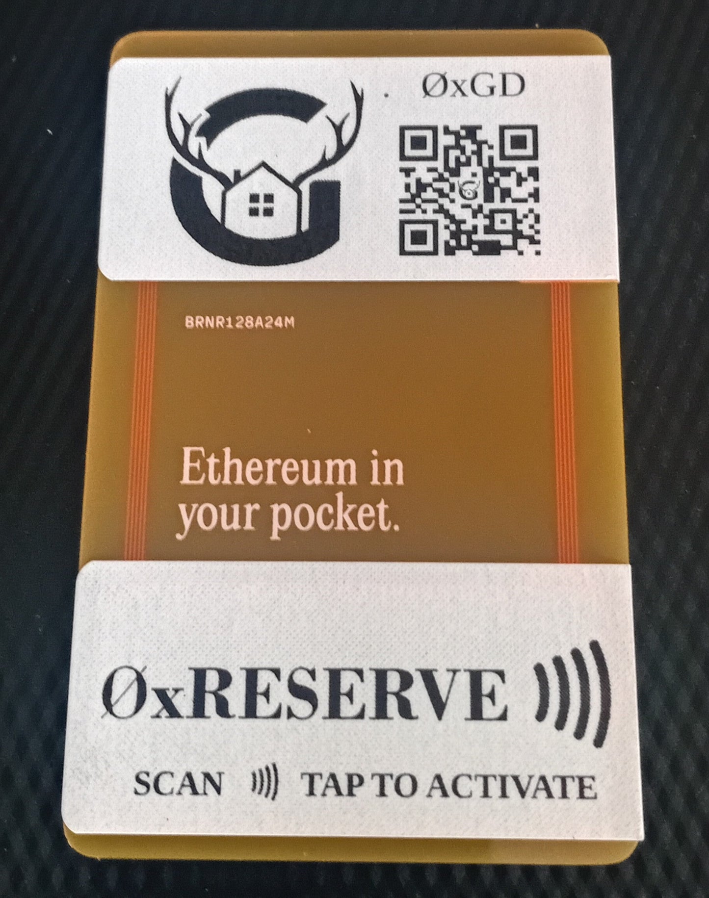 Card with QR code and text 'Ethereum in your pocket' on a textured black background